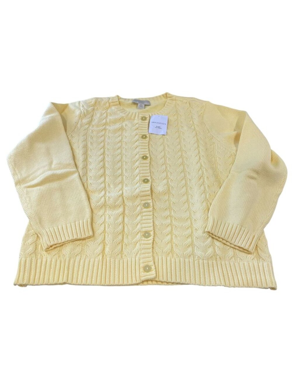 Appleseeds Cable Knit Cardigan Sweater PL Yellow Coastal Grandma Office Layers